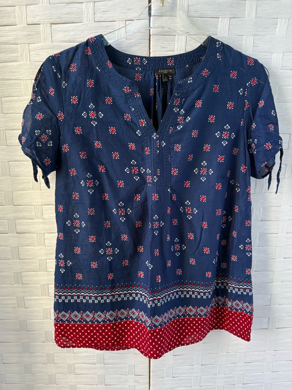Talbots Size LP Navy Red Floral Border-Print Short Sleeve Cotton Top Boho Casual